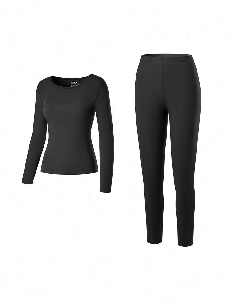 Conjunto de ropa interior térmica para mujer talla grande, ultra suave, capa base para clima frío, pijama de invierno cálido con parte superior de cuello redondo y pantalones largos - Conjunto ligero y cálido en color negro