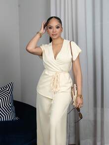Melissa Matos Women's Elegant Wrap Around Batwing Sleeve Blouse + Wide Leg Loose Pants 2 Pieces Set, Lightweight For Summer Outing, Date, Vacation, Beige Color - Yellow - View 3