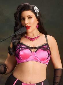 PinupPomp Plus Size Women Lace Patchwork Comfortable Underwire Bra, Lift - Hot Pink - View 4