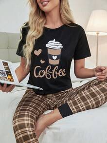 Letter Graphic Print Top And Plaid Trousers PJ Set - Multicolor - View 4