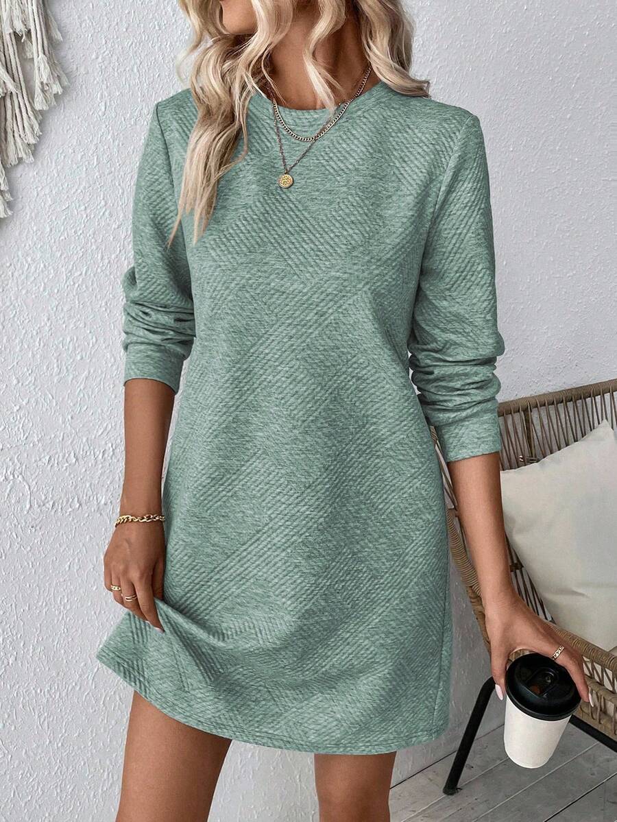 SHEIN LUNE 女式休闲简约圆领长袖连衣裙，秋季 - 綠色 - 查看 1