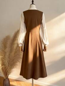 SHEIN Franclia Women's Casual Commuter Solid Color Front Button Sleeveless Dress - Coffee Brown - View 2