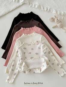 Cozy Pixies 5pcs Baby Girl Floral Textured Turtleneck Long Sleeve Ruffle Hem Pullover Top Set Fall Winter - Pink - View 3
