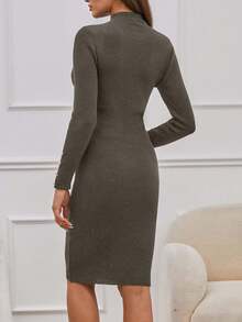 EURMUSE Mock Neck Button Front Sweater Dress Without Belt - Mocha Brown - View 2