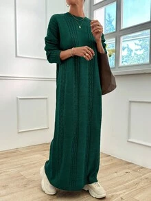 EURMUSE 女式休闲宽松圆领长袖麻花针织图案毛衣裙，秋冬 - 綠色 - 查看 9
