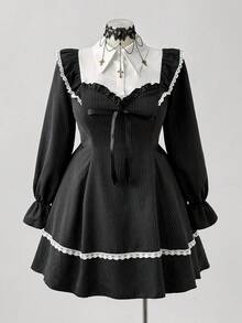 Sunspun Elegantes Herbst/Winter Collegemode süßes gestreiftes Patchwork Design Prinzessinnenkragen Puffärmel Spitzenbesatz Taille gerafft ausgestellter Saum Kleid für Frauen