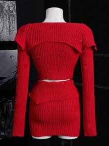 SHEIN Unity Women's Sexy Deep V-Neck Long Sleeve Zipper Crop Top + Zipper Skirt 2 Pieces Knit Sweater Set Fall Winter Cloth For Women - Red - View 2