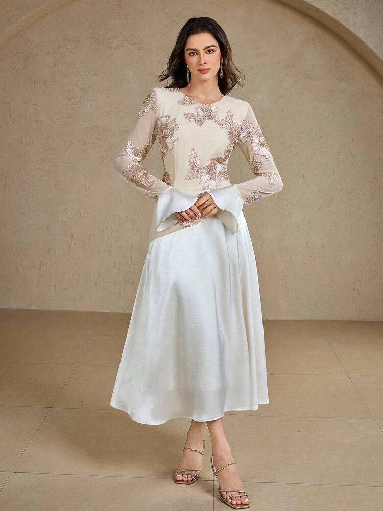 Women's Elegant Party Color Block Floral Embroidery Flare Sleeve Dress Sequin Carnival Sparkly Dress