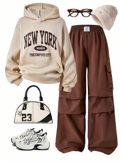 Sparklyn 2 件套青少年女孩字母印花连帽卫衣 + 绿色工装裤休闲街头风格服装，秋冬