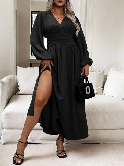 Vionelle Plusstorlek damklänning med plisserad hög sidoslit, maxiklänning för kvinnor, höstkläder för kvinnor