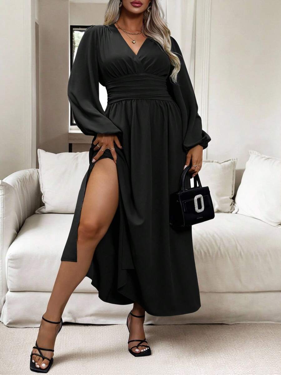 Vionelle 大码女式褶皱高侧开衩连衣裙 女式长款秋季服装