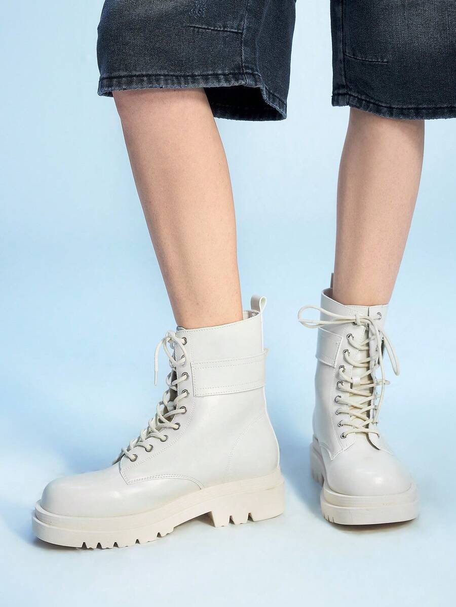 Sugerpunk Gothic Round Toe Buckle Design Chunky Heel PU Leather Punk Boots, Suitable For Party, Daily Wear, And Collegiate Style - Beige - View 1