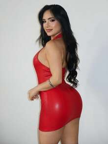Jeanoix Abito mini aderente con schiena scoperta e collo a canottiera sexy per donne - Rosso - Visualizzare 2
