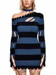 ROMWE Grunge Punk Long Ripped Red & Black Striped Pullover Sweater - Multicolor - View 2
