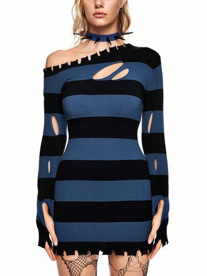 Grunge Punk pull rayé rouge et noir déchiré long