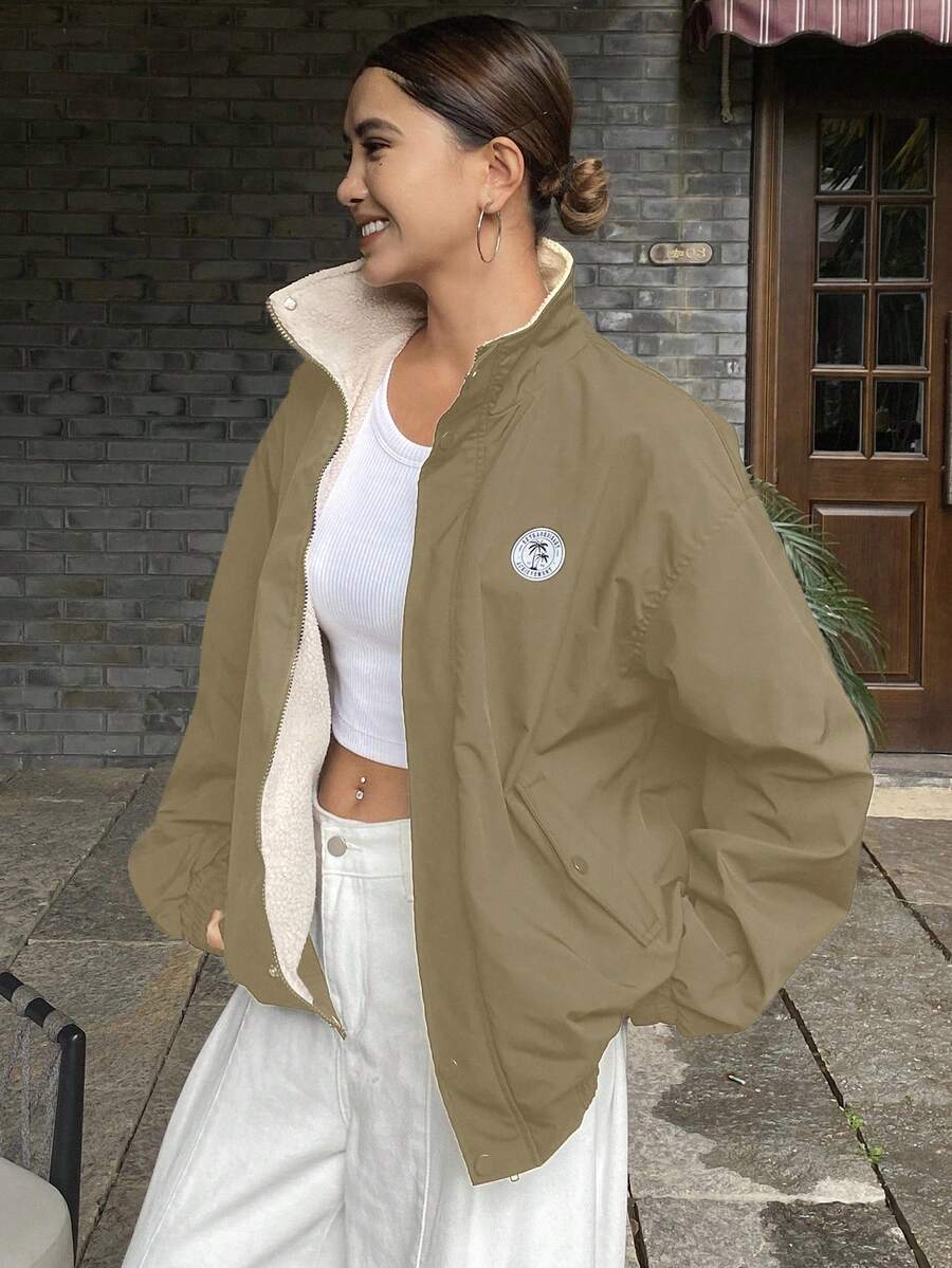 DAZY 女式宽松图案高领拉链夹克，复合面料 - 卡其色 - 查看 1