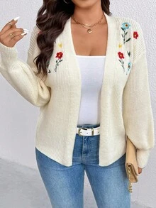 EMERY ROSE Plus Size Women Casual Embroidered Cardigan Sweater - Multicolor - View 5