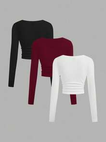 SHEIN EZwear Áo thun dài tay ôm sát cổ chữ V nhún eo nhiều màu sắc cho nữ, thường ngày & đa năng, mùa đông - Nhiều màu - Xem 2