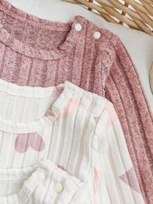 SHEIN 6pcs/Set Baby Girls Autumn New 2025 Newborn Outfit, Heart Print & Solid Color Round Neck Long Sleeve Top With Snap Shoulder, Casual Long Pants, 3 Cute & Simple Fashion Suits - Multicolor - View 4