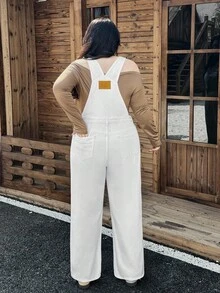 Rivivi Quần yếm denim ống đứng dáng rộng thoải mái cỡ lớn có túi xéo - trắng - Xem 2