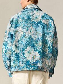 Casual 男士花卉提花长袖拉链休闲翻领夹克，秋季 - 藍色 - 查看 3