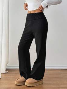 SHEIN PETITE Women's Casual Foldover Waist Knit Pants, Autumn/Winter,Fall,Fall Clothes For Women - Black - View 5