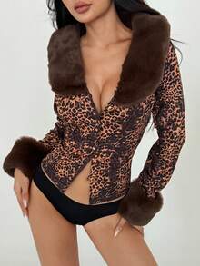 Flirla 1pc Women's Winter Jacket, Brown Patchwork Faux Fur Collar, Rabbit Fur, Deer Suede, Leopard Print, Waist Cinched, Casual & Commute, Slim Fit & Sexy - Brown - View 3