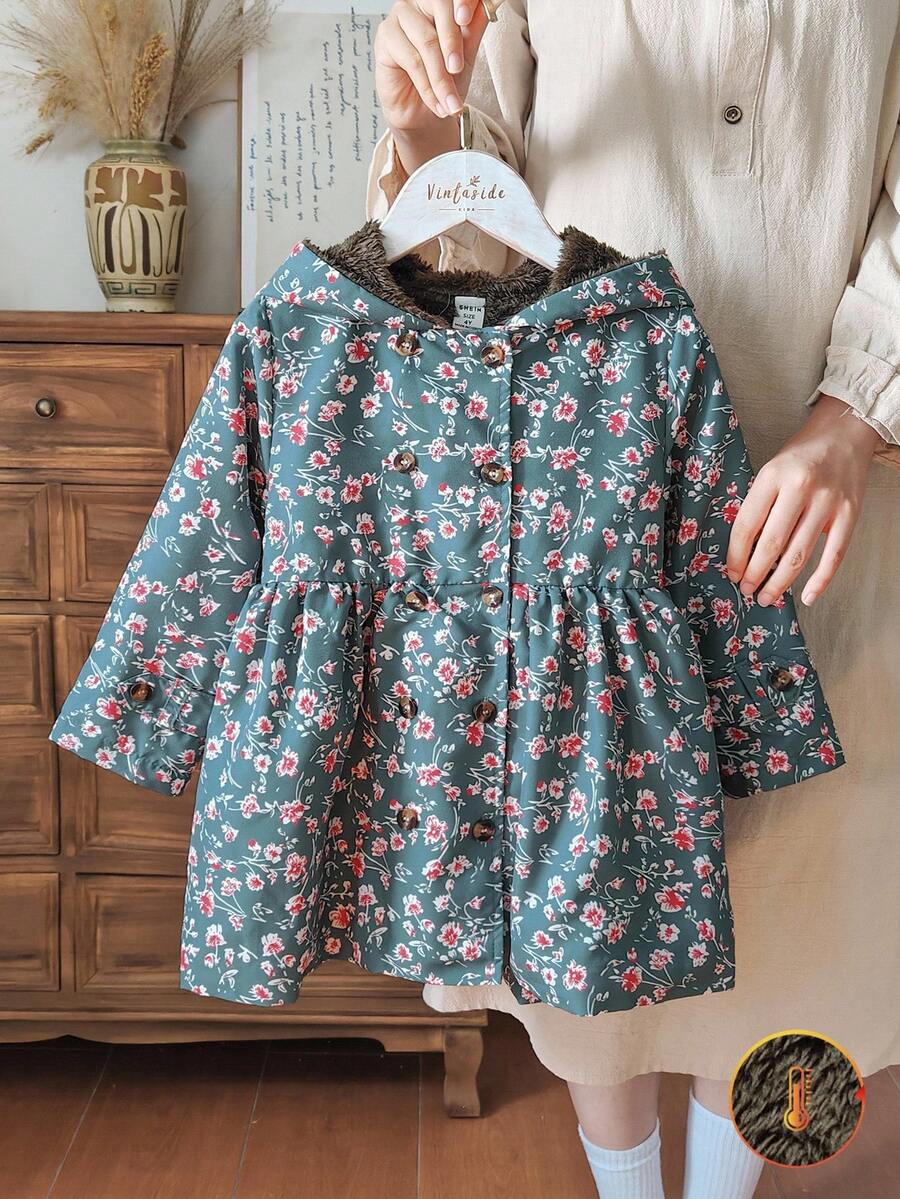 SHEIN Vintaside Kids 年轻女孩卡其色保暖内衬连帽双排扣时尚外套，适合日常休闲穿着 - 軍綠色 - 查看 1