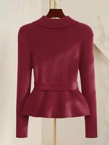 Franclia 女士优雅针织开衫，金属单排扣腰带设计，长袖，秋冬 - 紅色 - 查看 2