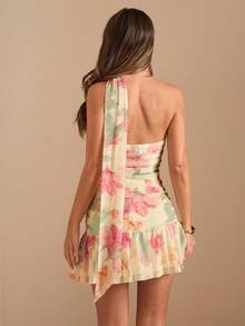 SHEIN BAE 秋冬女式奶油黄色花卉印花紧身褶饰不对称露肩系带优雅迷你连衣裙、生日连衣裙、婚纱、鸡尾酒会连衣裙、性感优雅连衣裙、浪漫连衣裙、约会连衣裙、生日连衣裙、夜总会派对、万圣节、圣诞节、约会派对、优雅印花连衣裙 - 淡黃色 - 查看 2