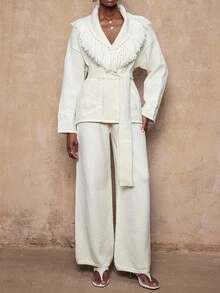 Lumalex VITNOS Women's Cream White Elegant Pointelle Knit Cardigan And Pants Set,Luxury Autumn Long Sleeve Fringe Design Outfits For Tea Party,Casual Comfy - Beige - View 5