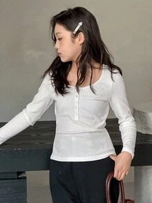 DAZY Áo thun dài tay cổ bẻ nửa khóa kéo cho bé gái tuổi teen, áo mùa thu cho nữ. - trắng - Xem 5