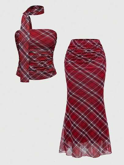 Grunge Punk 2 pièces Ensemble top tube vintage plaid Y2K et jupe fishtail taille basse plaid