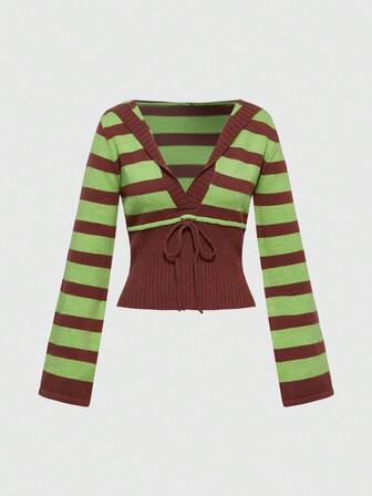 Vintage pull moulant à rayures col V profond Y2K