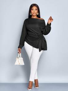 SOLERSUN 女式加大码秋冬纯色不对称领长袖侧抽绳褶饰时尚衬衫，不对称下摆蓝色梭织面料购物约会衬衫 - 黑色 - 查看 4