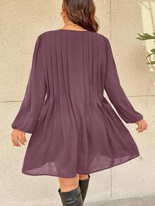 SHEIN Frenchy Đầm xòe tay đèn lồng màu trơn cỡ lớn, thường ngày và đi làm, thắt eo - Gỗ đỏ - Xem 2