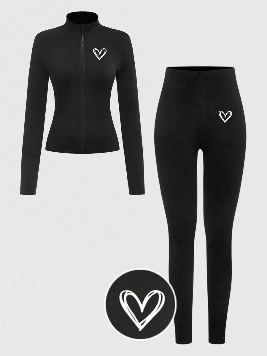 SHEIN Tween-Mädchen Lässiges Yoga-Sport-Set mit eng anliegendem Reißverschlusskragen, dehnbarem, bequemem Oberteil mit Herzdruck und Leggings mit hoher Taille - Schwarz - Übersicht 1