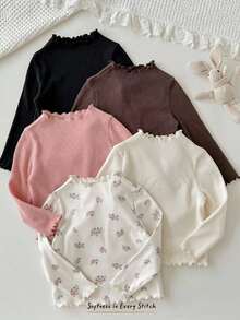 Cozy Pixies 5pcs Baby Girl Floral Textured Turtleneck Long Sleeve Ruffle Hem Pullover Top Set Fall Winter - Pink - View 5