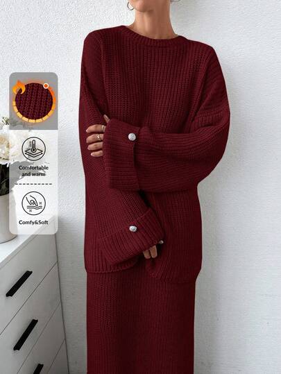 EURMUSE Women Solid Color Chunky Sweater & Sweater Skirt Set