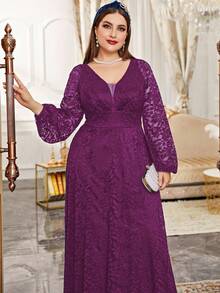 Cravure 加厚网纱拼接撞色蕾丝灯笼袖正式连衣裙长款女装 - 中紫紅色 - 查看 5