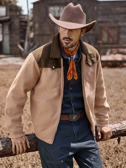 Manfinity Nomadique Herr Kontrastfärgad Dragkedja Krage Casual Jacka Herr Brun Jacka Herr Dragkedja Jacka Herr Brun Och Beige Jacka Westernjacka, Höst Vinter