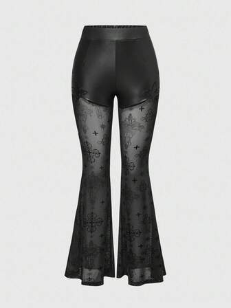 Damen Gothic Kreuz Patchwork Flockstoff Hose