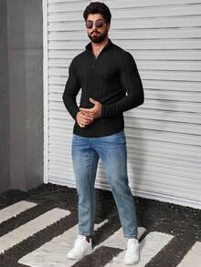 Manfinity CasualCool 男士休闲纯色半拉链长袖 T 恤，Old Money，秋季 - 黑色 - 查看 4