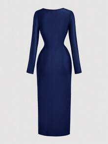 SHEIN MOD Solid Color Asymmetrical Neckline Ruched Twist Long Dress ,Wedding Guest Dress Women - Navy Blue - View 2
