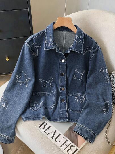 GlowEve 女式休闲牛仔夹克，带鸟类印花，长袖，单排扣，秋季