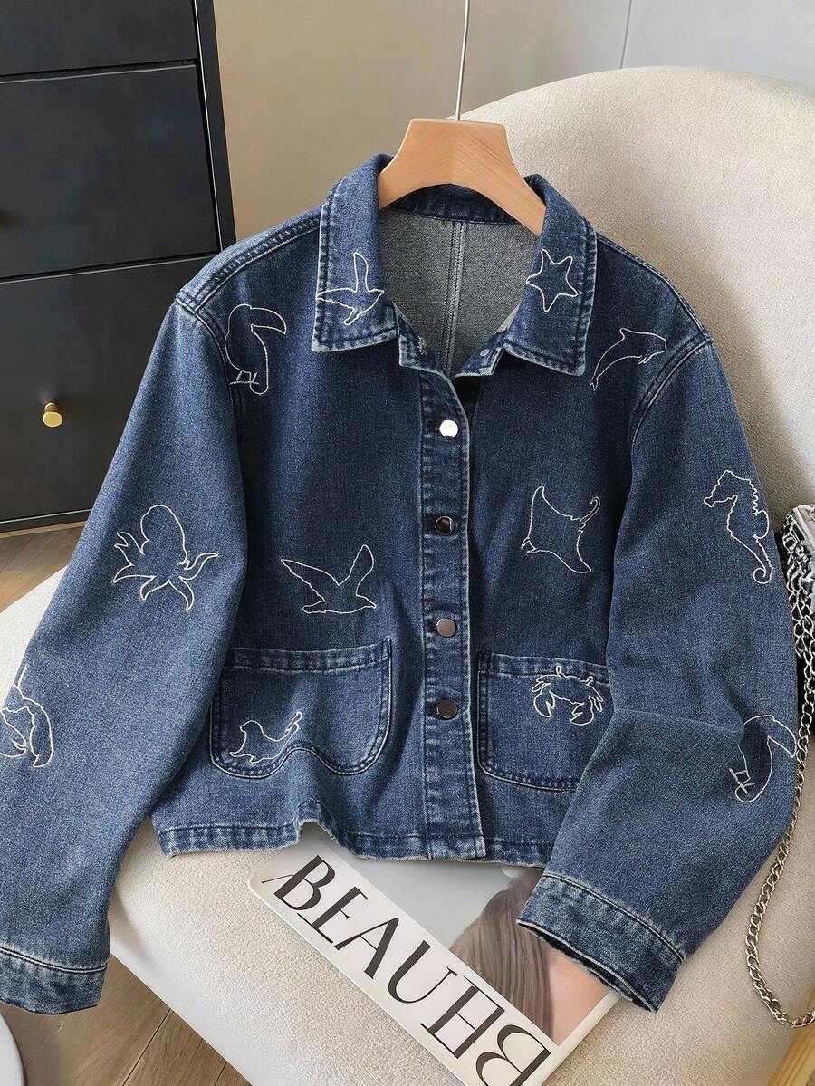 GlowEve 女式休闲牛仔夹克，带鸟类印花，长袖，单排扣，秋季 - 深色水洗藍 - 查看 1
