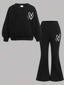 SHEIN 年轻女孩纯黑色/秋冬/针织休闲宽松心形印花运动衫和喇叭裤两件套运动衫套装 - 黑色 - 查看 11