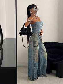 StreetHx 链条印花前开牛仔连体裤，街头风格 - 中等水洗藍 - 查看 3