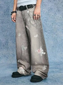 ROMWE MEN Street Life Men's Floral Print Pocket Wide Leg Loose Casual Jeans, Grunge - Brown - View 6