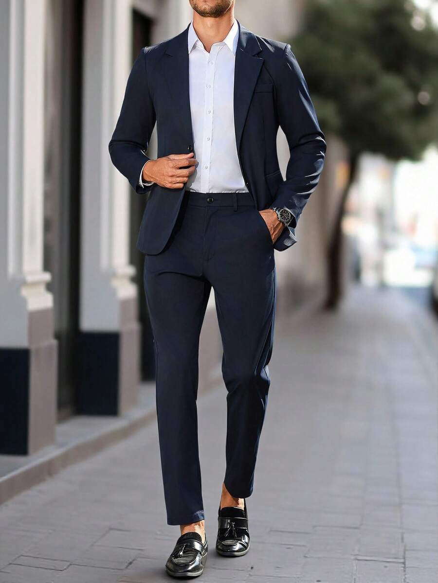 Manfinity Mode 2pcs Men's Business Casual Suit Set, Fashionable Lapel Slim Fit Jacket And Pants, Metal Buckle Decor Pockets, Suitable For Business, Commute, Holidays, Parties And Daily Wear - Navy Blue - View 1